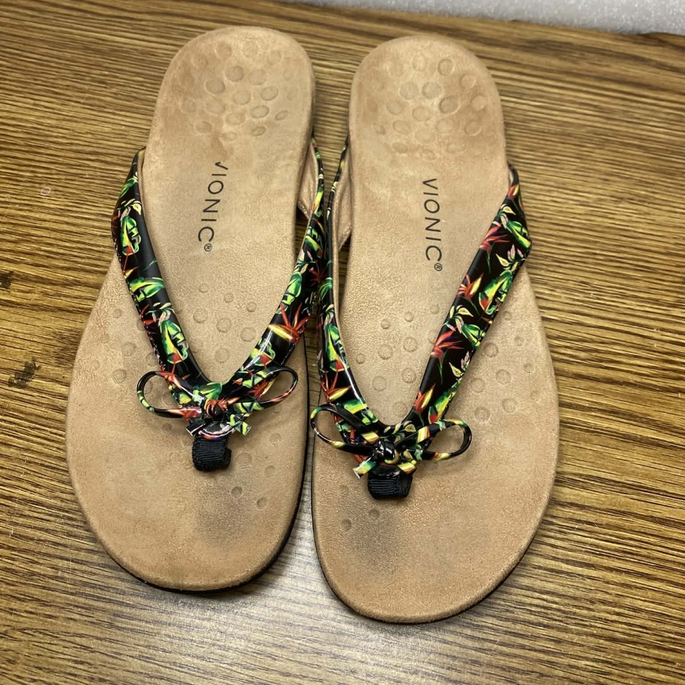 Vionic Bella II Women's Thong Sandals Size 10M Slip On Patent Floral Bows